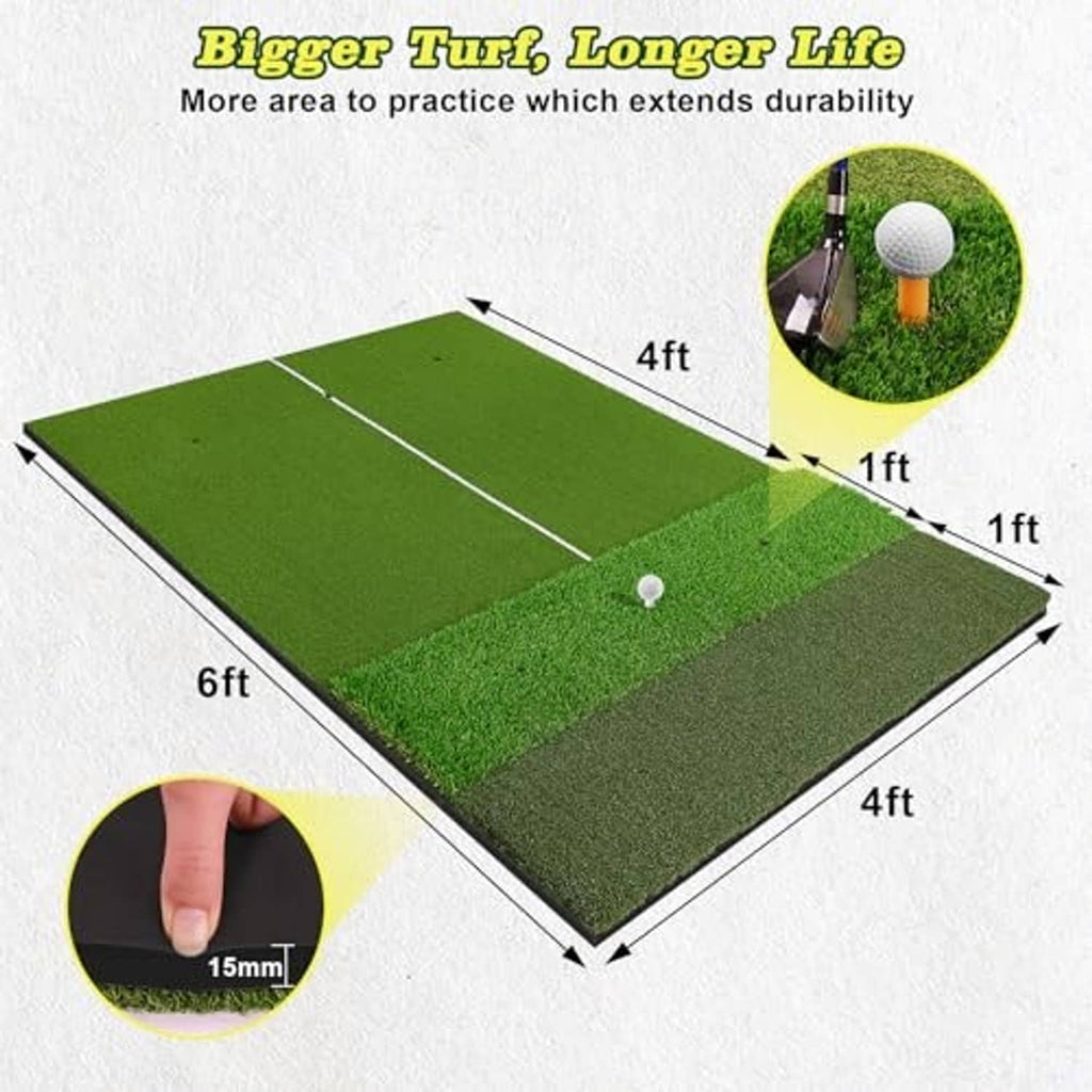Green golf hitting mat with stitched turf surface and corner markers for size