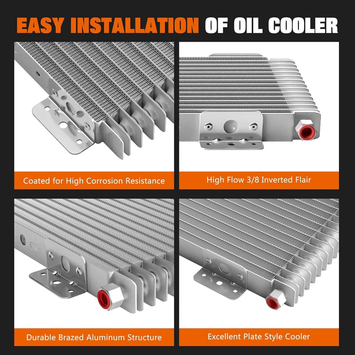 Transmission oil cooler featuring aluminum brazed fin structure and flared inlet/outlet ports