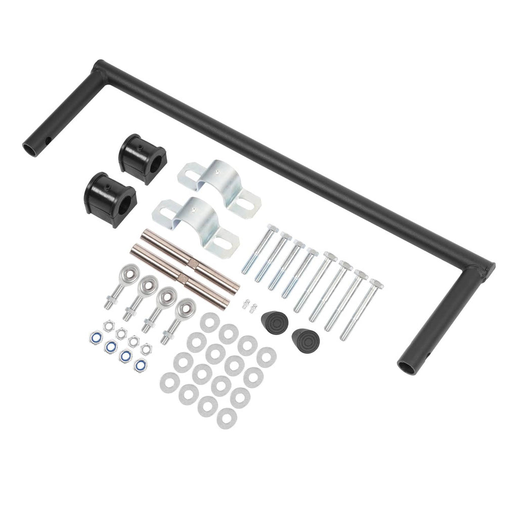 Steel anti-roll sway bar kit components with bushings, brackets, bolts, washers, and rods