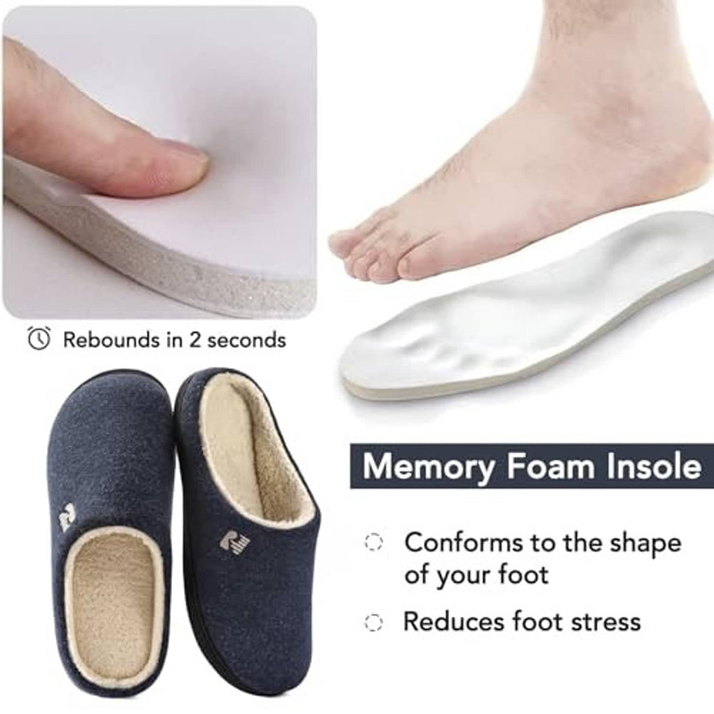 Navy blue slip-on clog slippers with tan sherpa lining and thick memory-foam insole