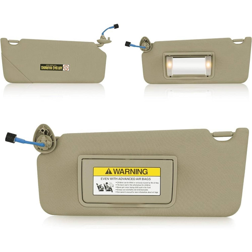 Beige left driver-side sun visor with warning label and visible light window
