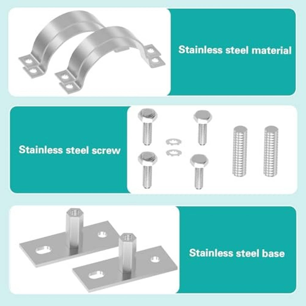 Galvanized pipe split-ring bracket set with mounting base, screws, and bolts.