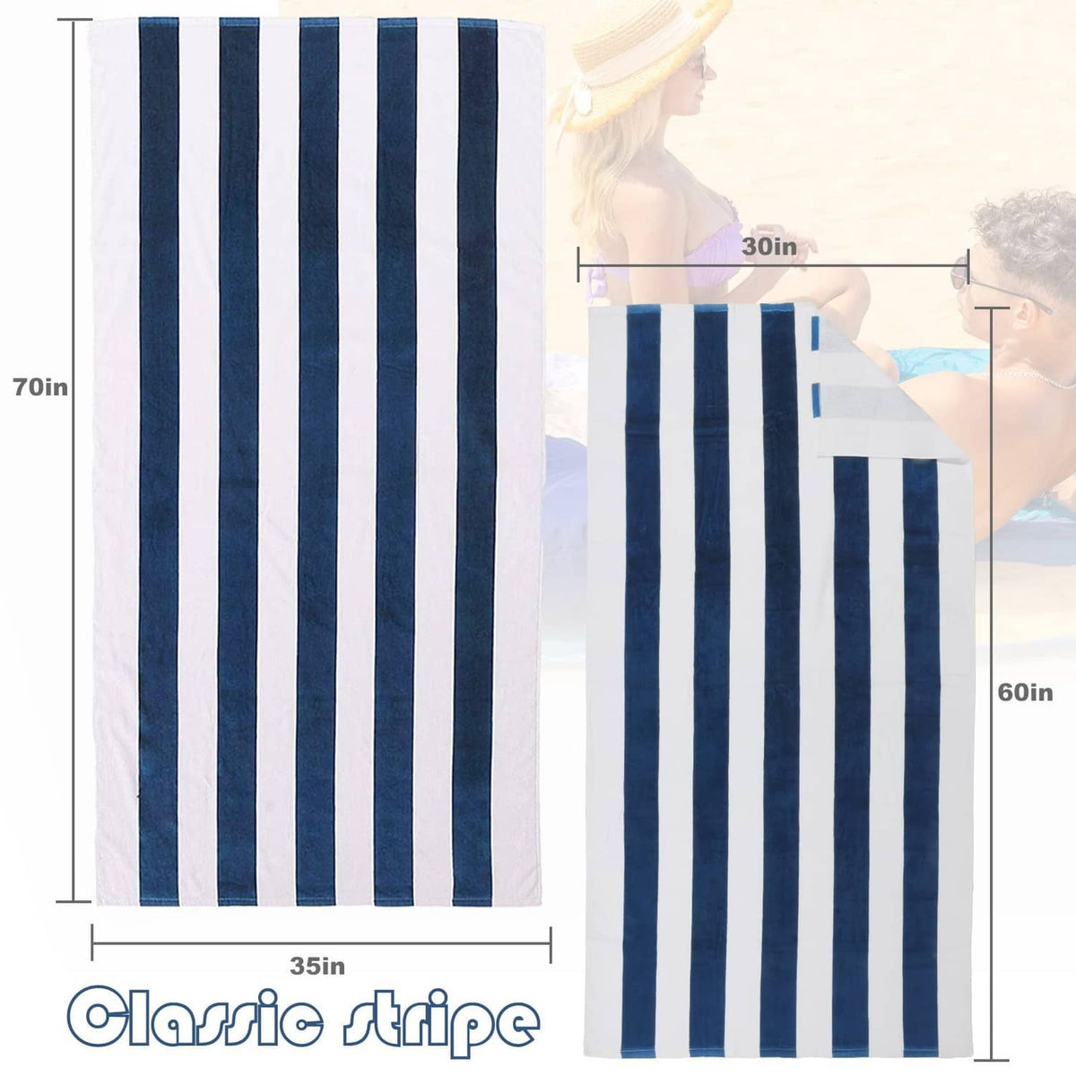 35x70 in cotton towel with navy and white vertical stripes, rectangular