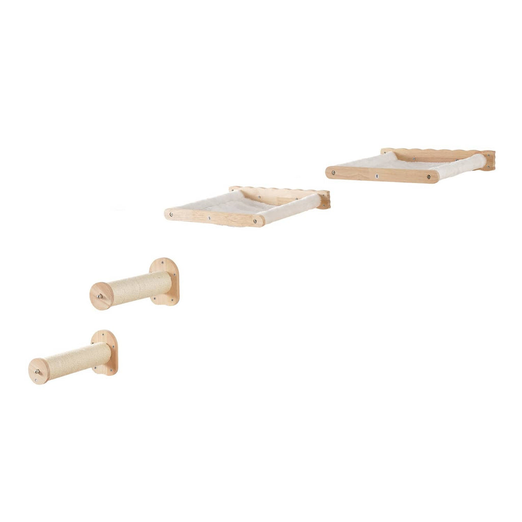 Wall-mounted cat shelf set components: sisal rope posts and two light wood platforms