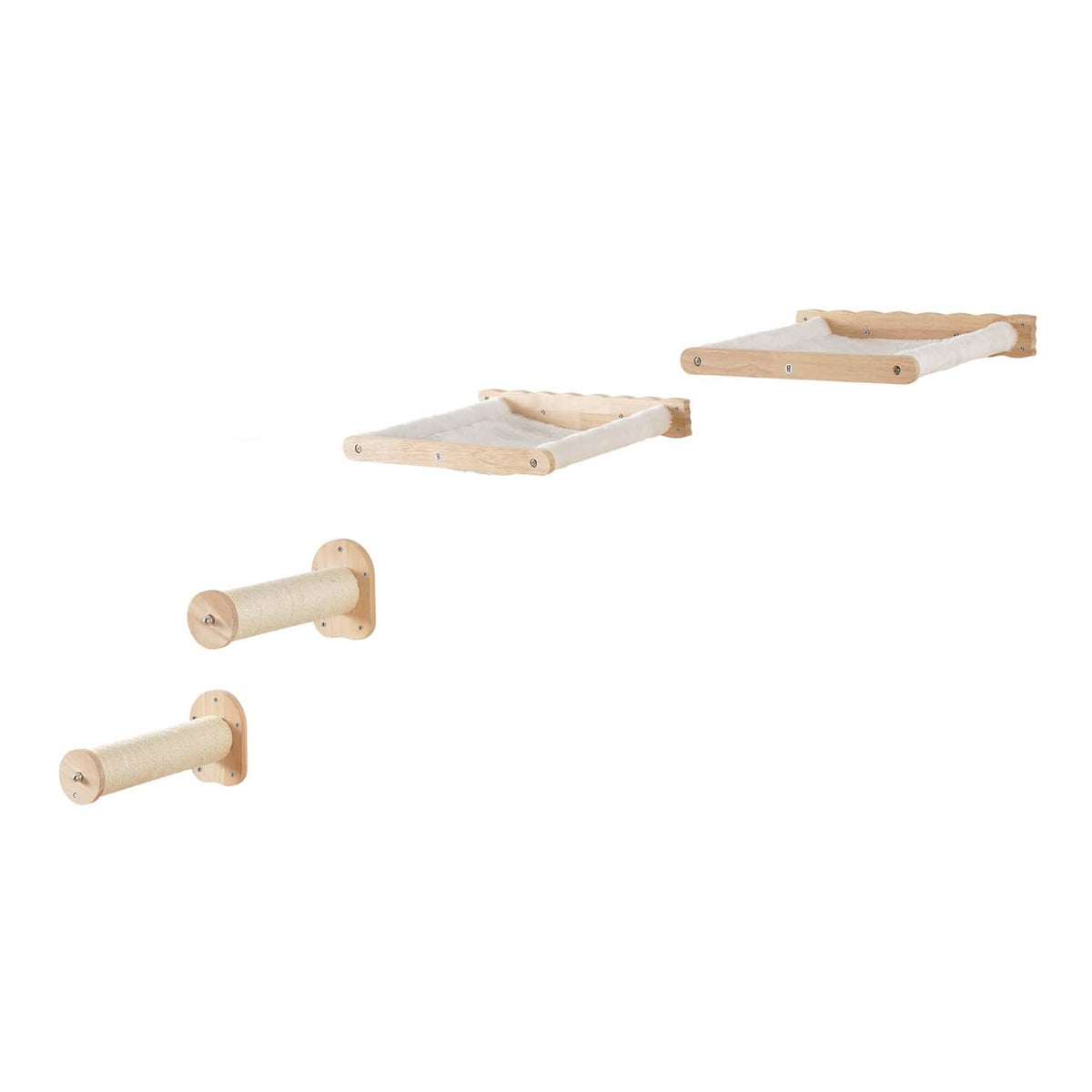 Wall-mounted cat shelf set components: sisal rope posts and two light wood platforms
