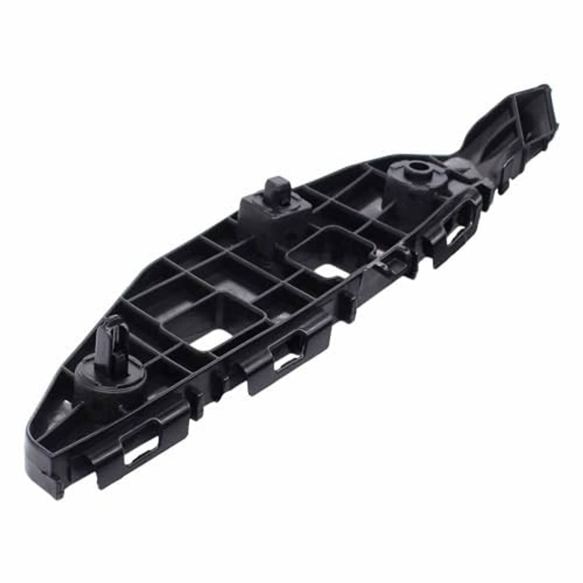 Black molded plastic bumper bracket retainer bar with mounting clips and holes