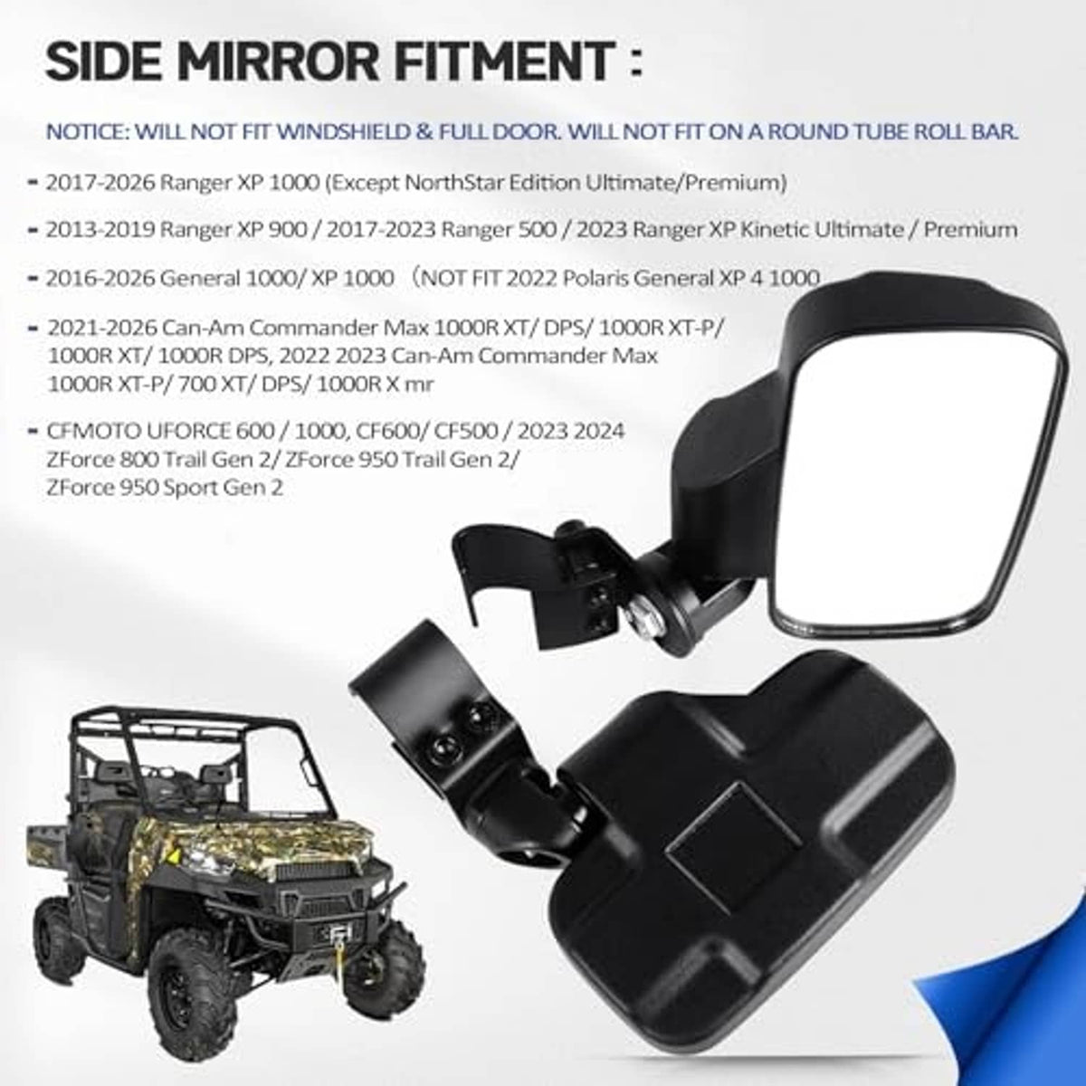 UTV side mirror with black mounting bracket and adjustable hardware, angled view
