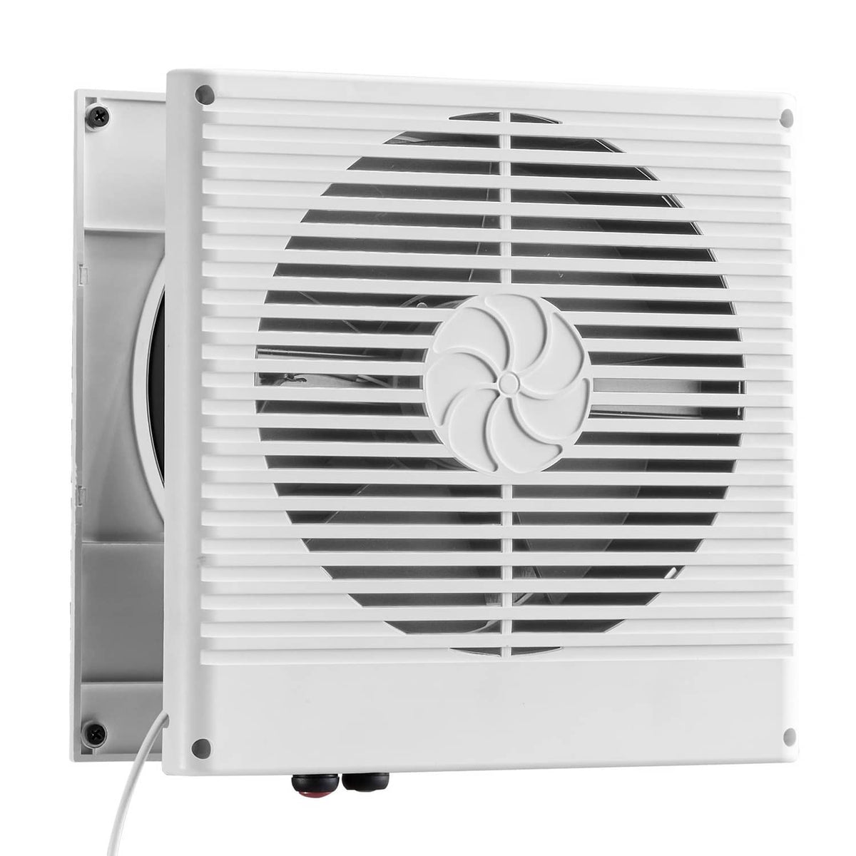Wall-mounted exhaust fan rear housing with white grille and three-blade impeller
