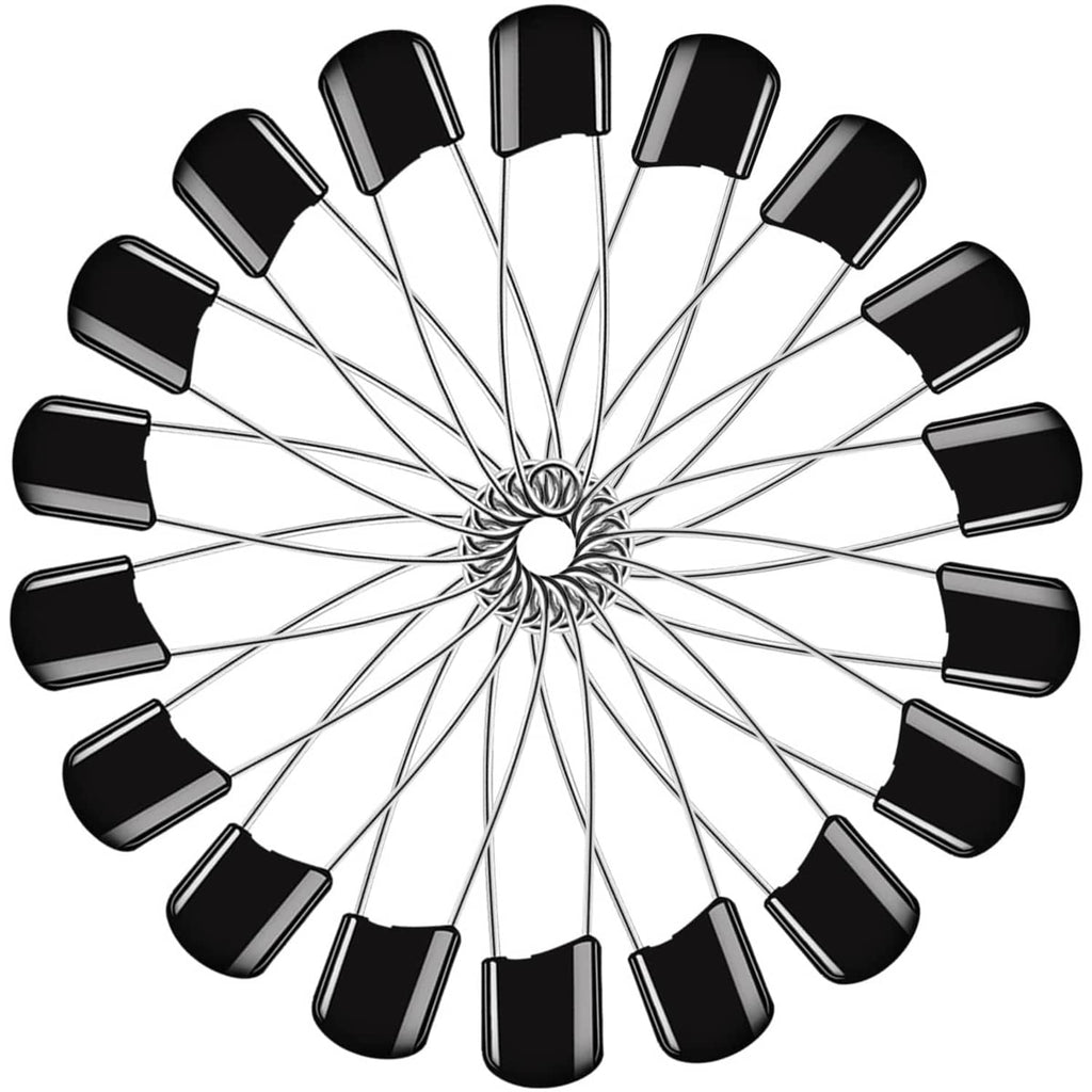 Set of black plastic-head safety pins with metal shafts and loop ring ends