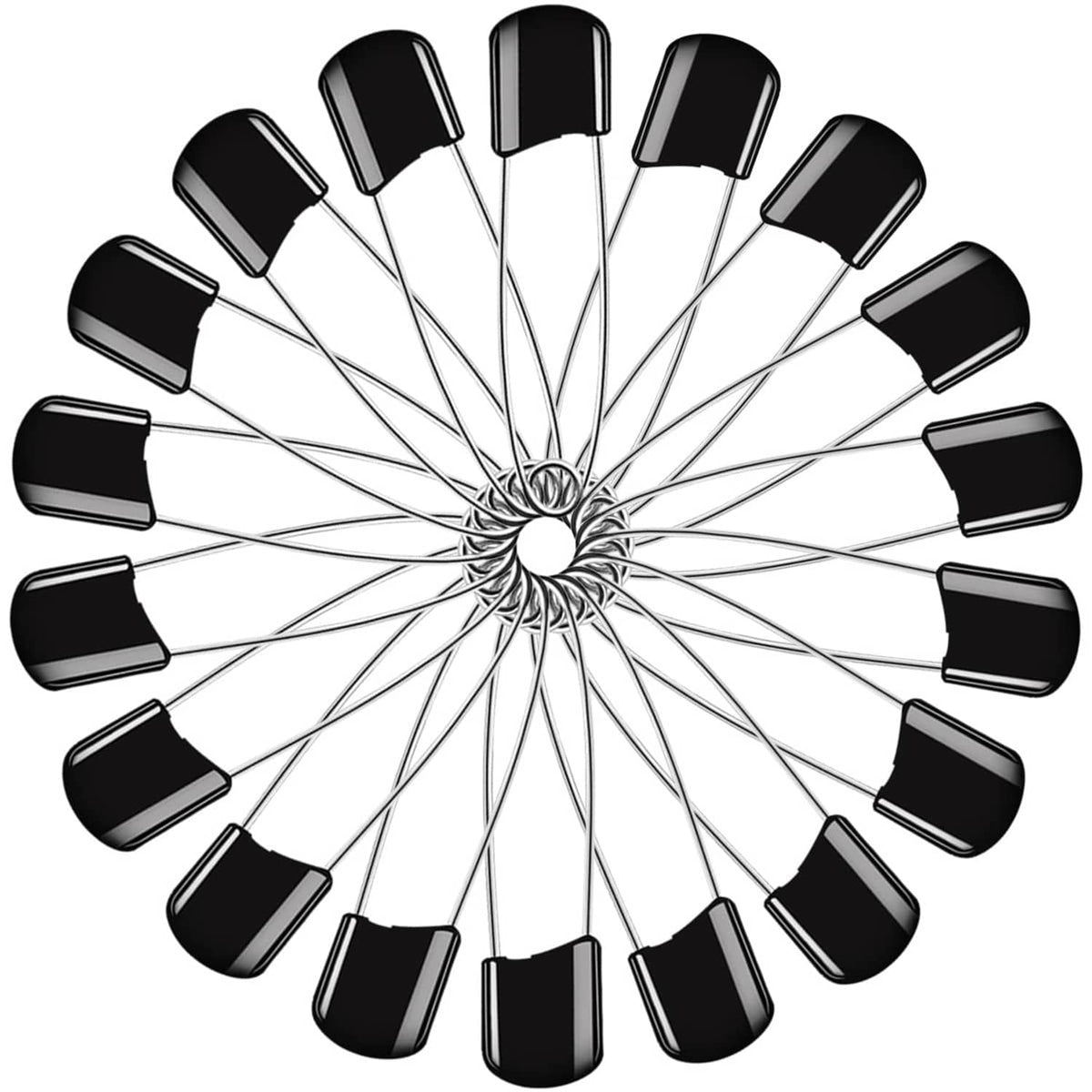 Set of black plastic-head safety pins with metal shafts and loop ring ends