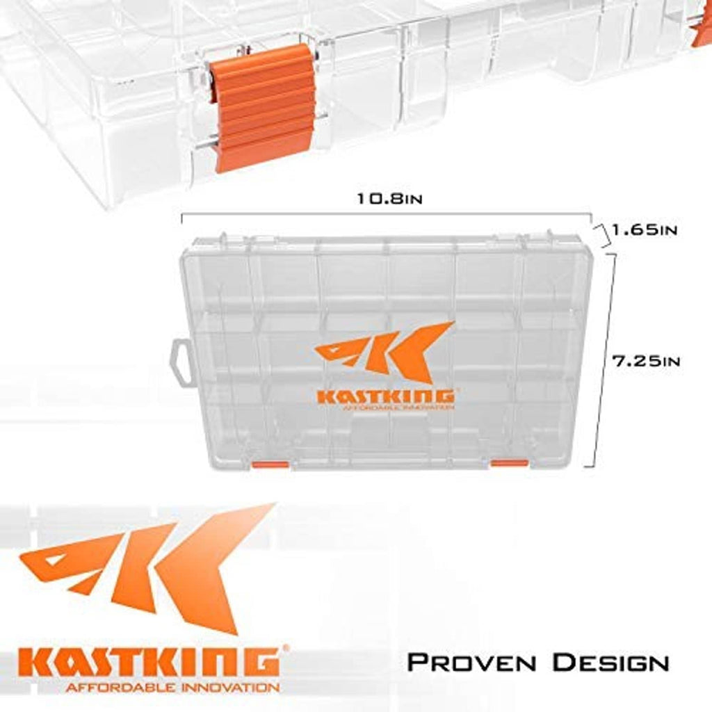 Clear plastic tackle box with divider slots, showing orange latch and size guides