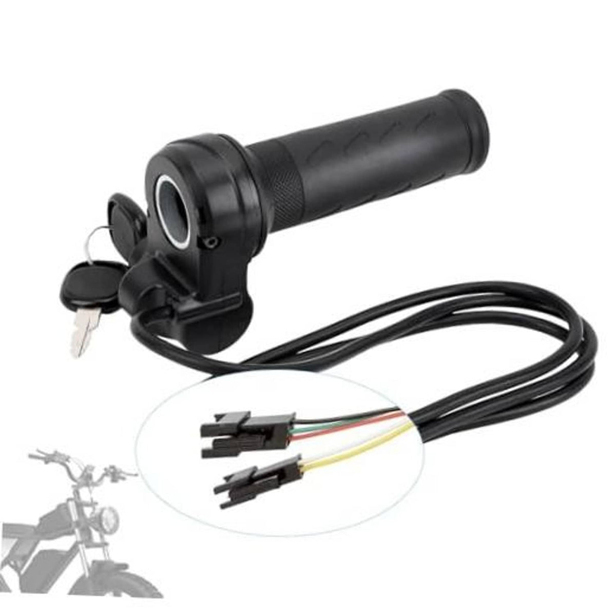 Black twist throttle grip for right handlebar with key switch and wiring harness