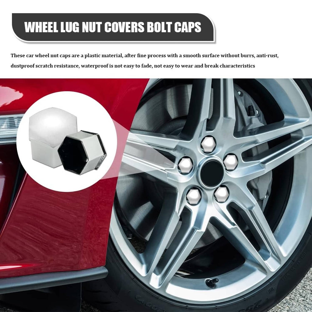 Hex wheel lug nut cover bolt cap, silver finish shown with socket detail