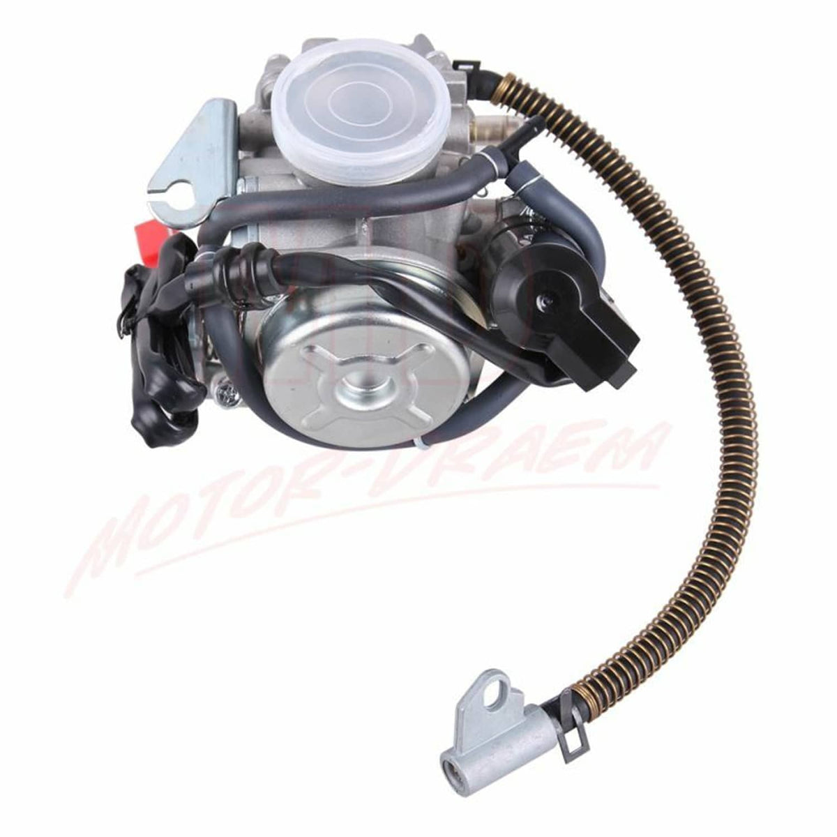 Carburetor with intake manifold, side view with translucent bowl cover and flexible hose