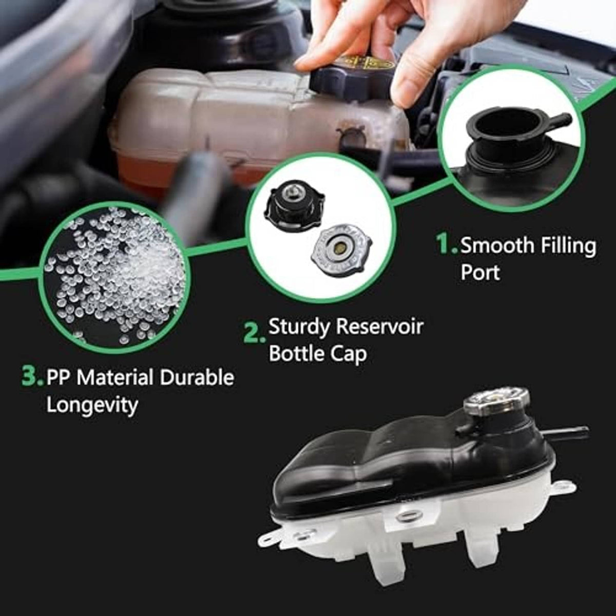 Coolant reservoir with cap, black shell and metal fill port shown with hand