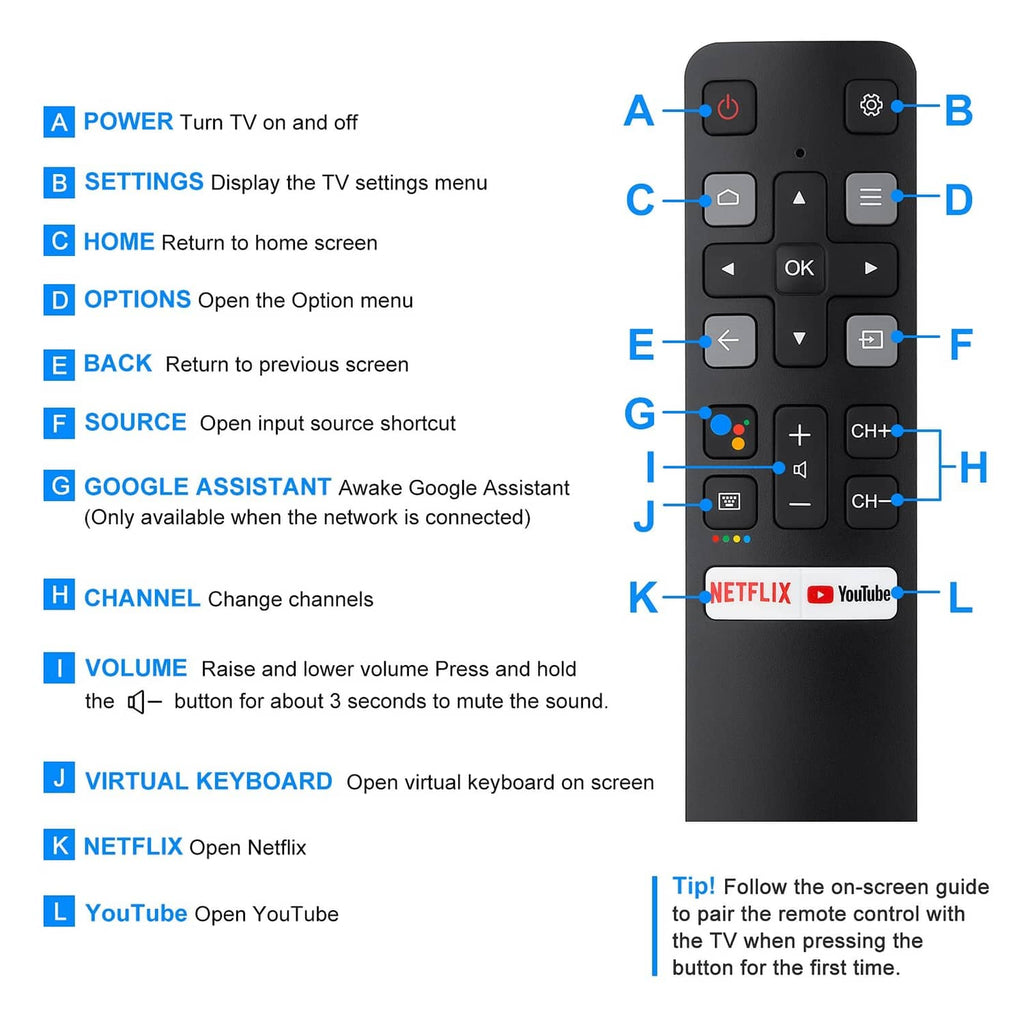 Black voice remote with labeled function buttons and Google Assistant icon