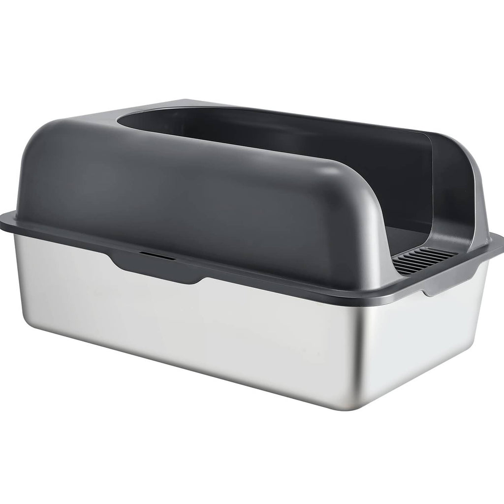 Side view of covered cat litter box with dark hood and vented litter tray base