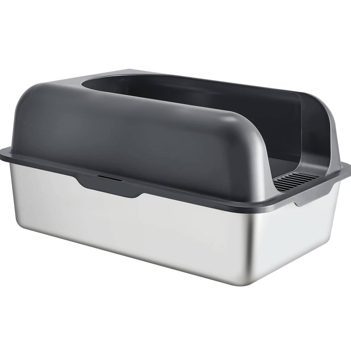 Side view of covered cat litter box with dark hood and vented litter tray base