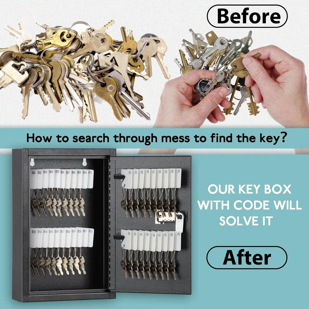Key storage lock box with code, open interior holding labeled key hooks