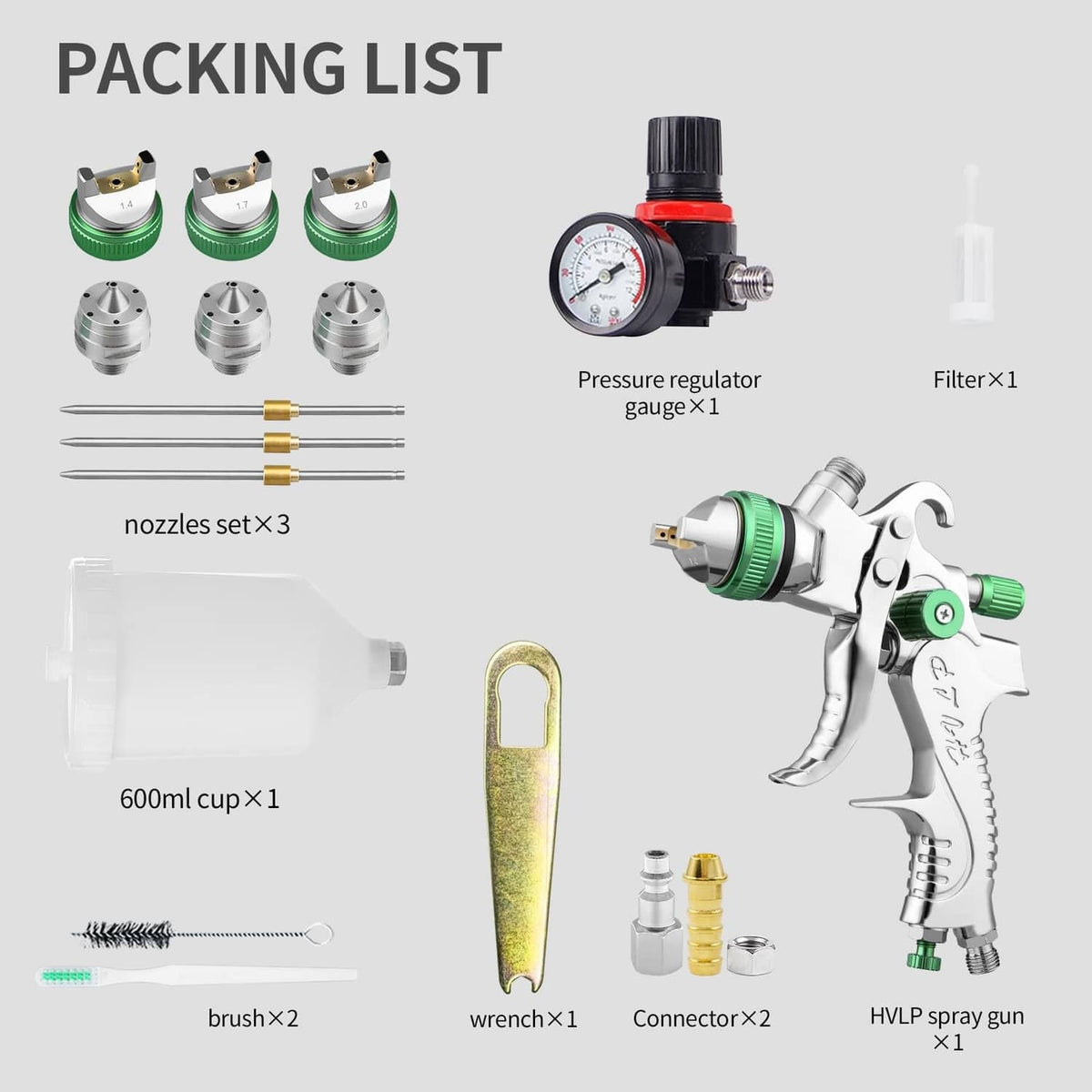 HVLP spray gun kit contents including three green nozzles, pressure regulator gauge, and accessories
