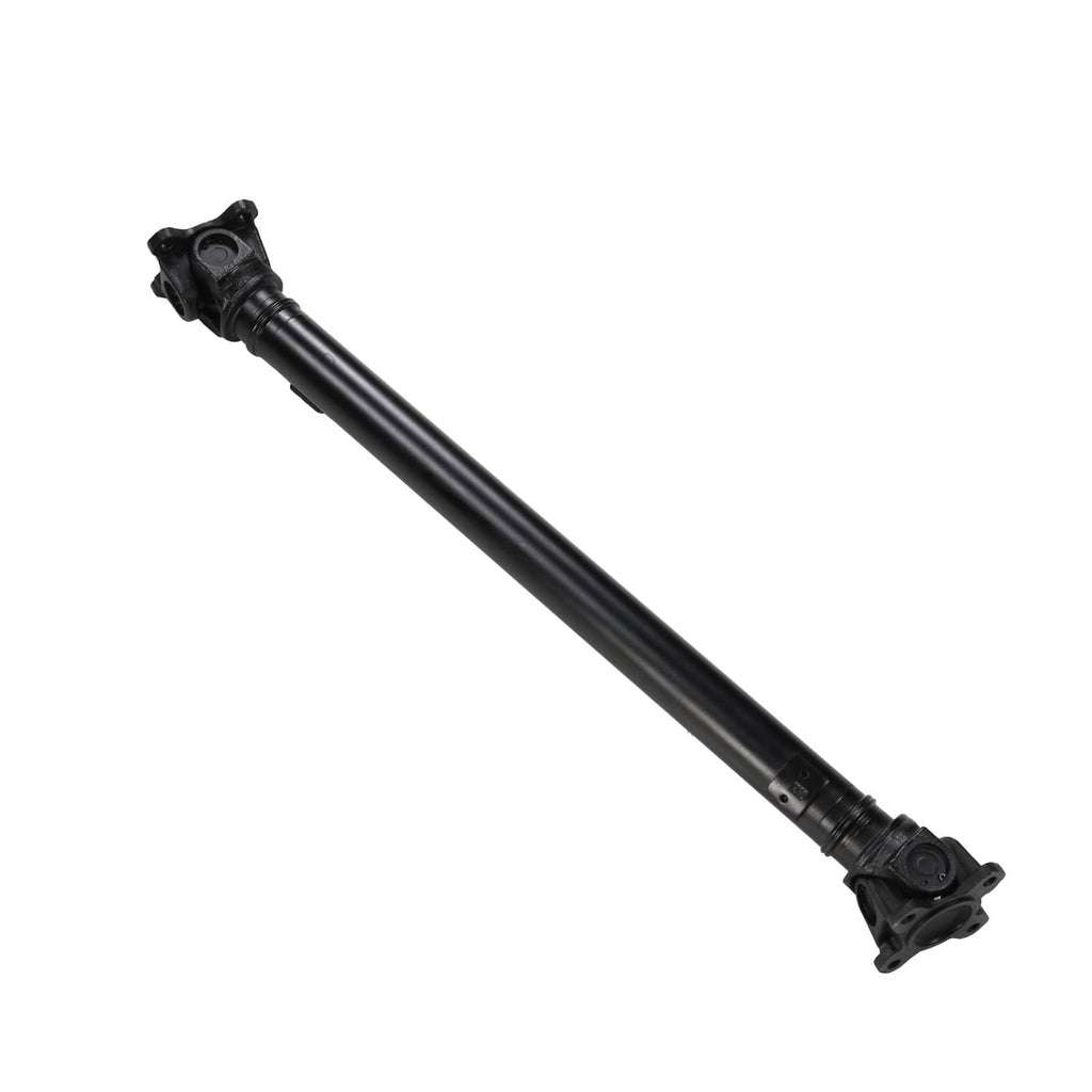 Front driveshaft prop shaft with black tube and end yokes, wide angled view