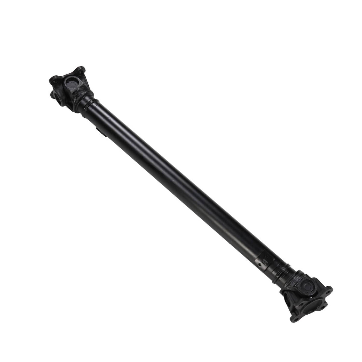 Front driveshaft prop shaft with black tube and end yokes, wide angled view