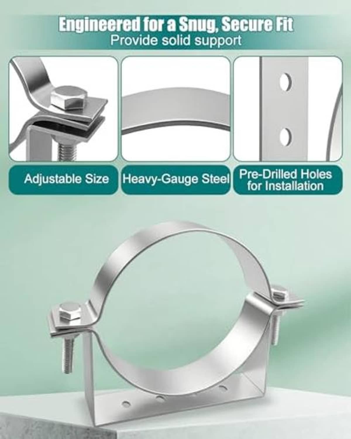 Metal rigid split ring pipe hanger with adjustable clamps and pre-drilled mounting plate