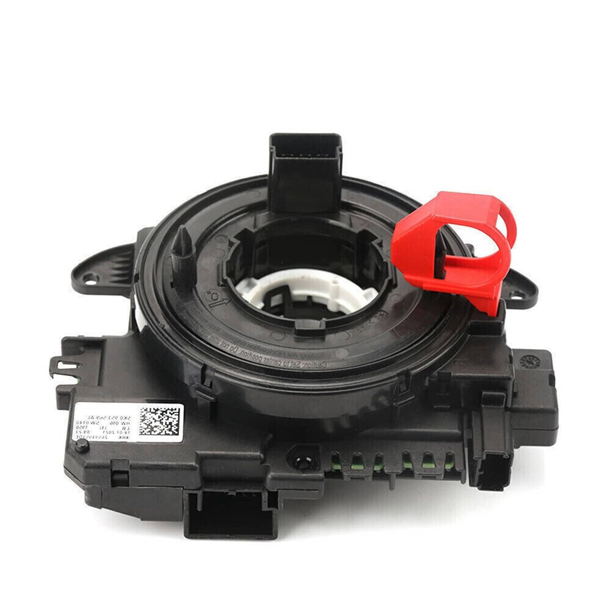 Clock spring assembly, black circular housing with red latch and multi-pin connector