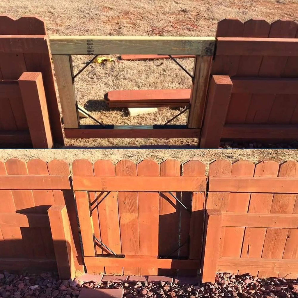Black steel corner braces on a gate frame, supporting a no-sag door setup
