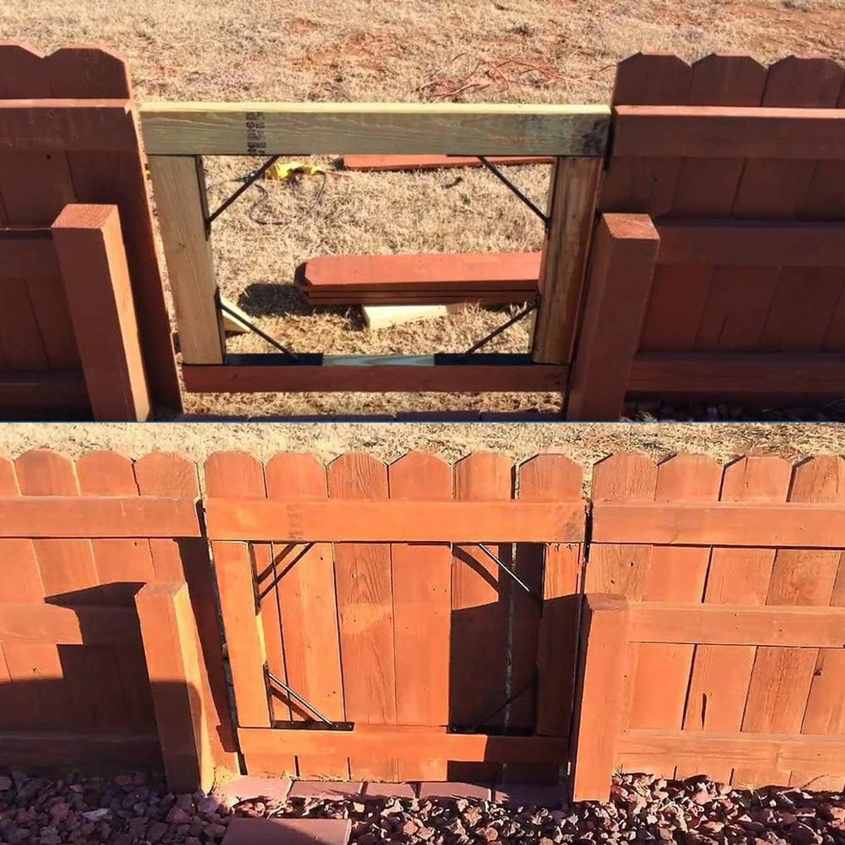 Black steel corner braces on a gate frame, supporting a no-sag door setup