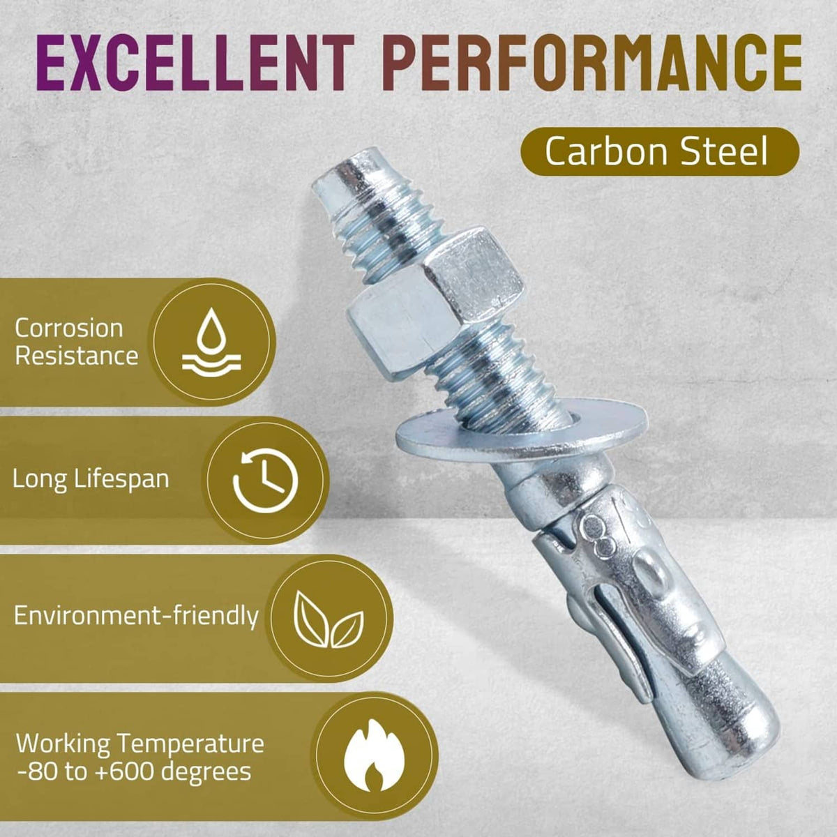 Silver threaded wedge anchor with flared expansion head for concrete fastening