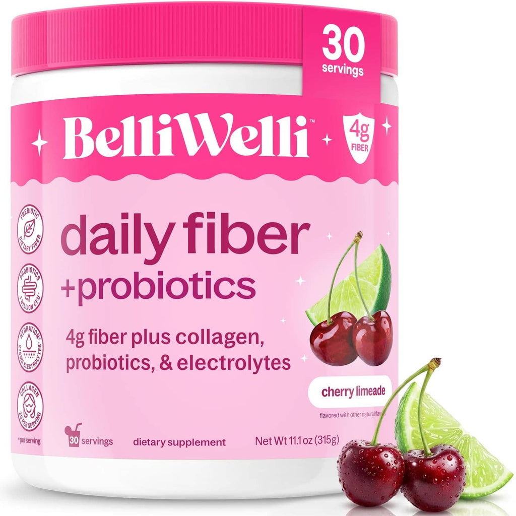BelliWelli daily fiber + probiotics powder tub, cherry limeade, 30 servings.