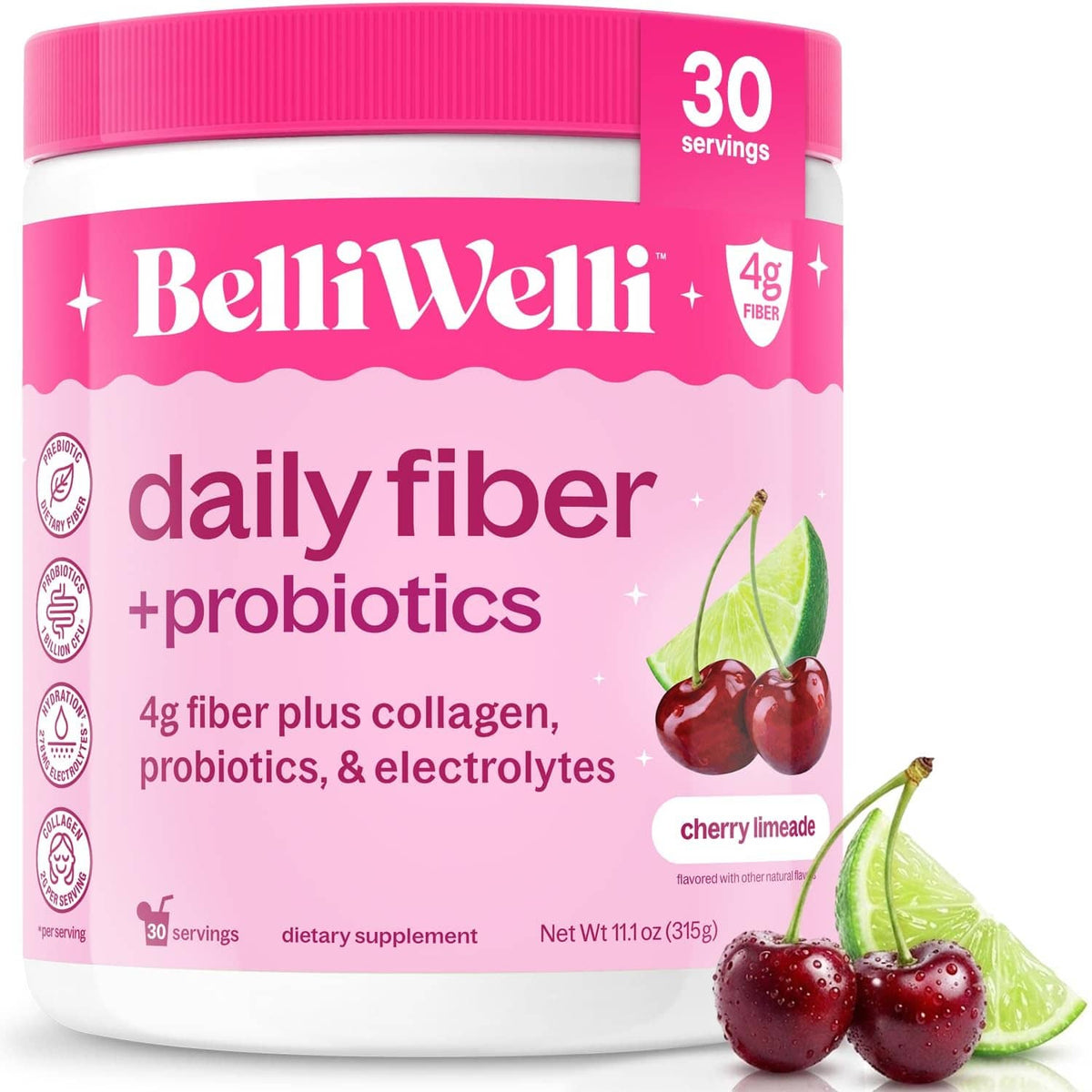 BelliWelli daily fiber + probiotics powder tub, cherry limeade, 30 servings.