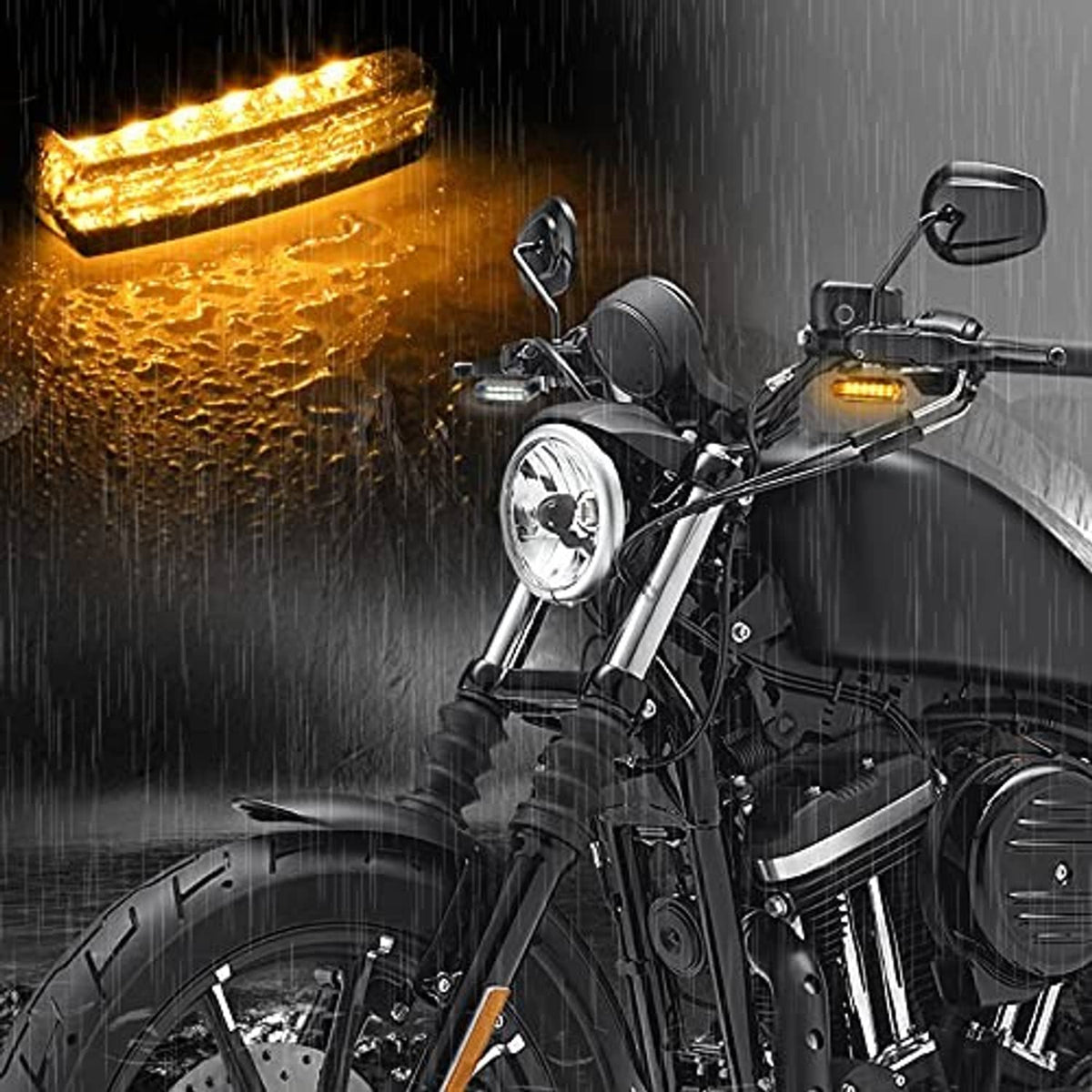 Front LED turn signals glowing amber with white running light on motorcycle