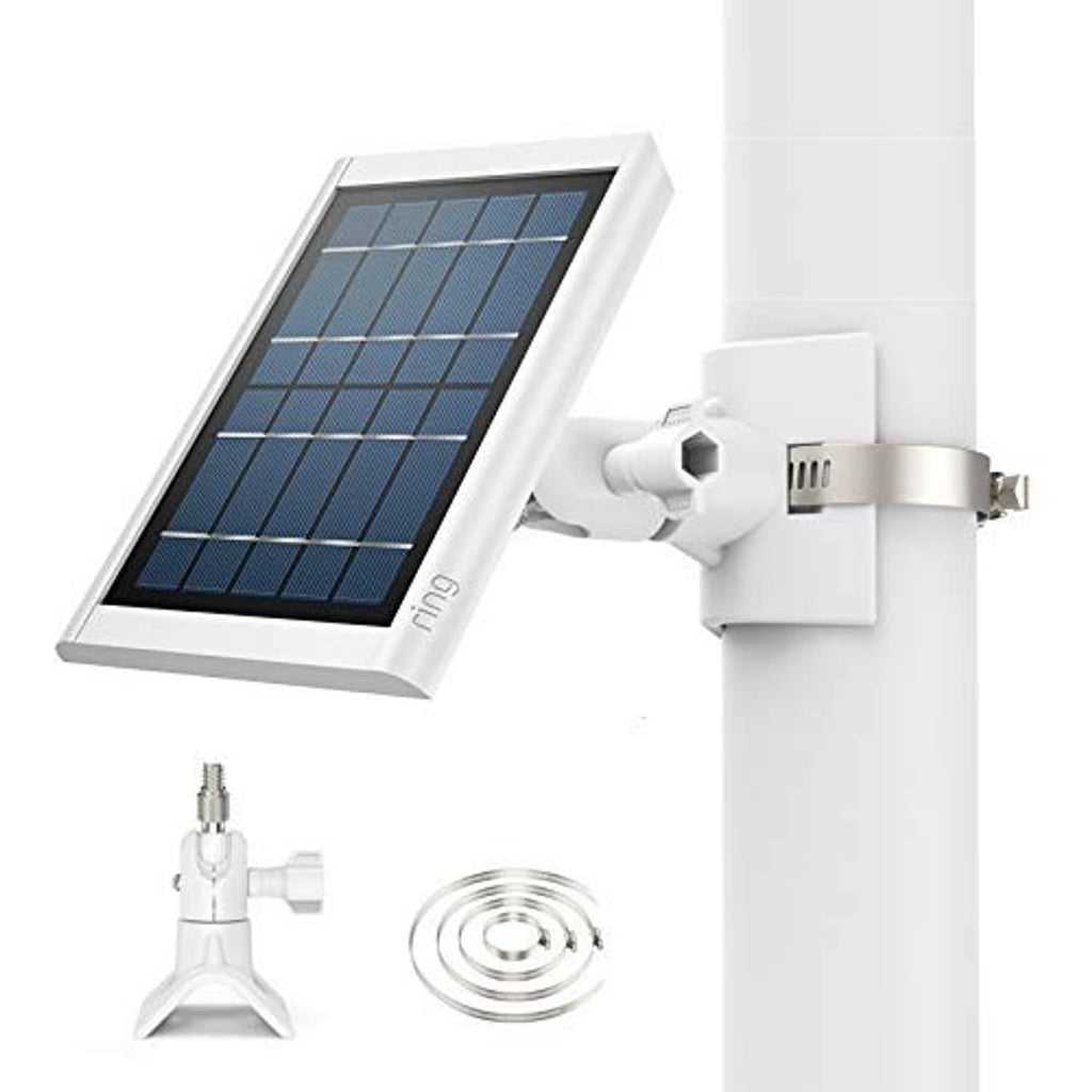 White universal solar panel mount holding a solar panel with wall bracket and cable coil