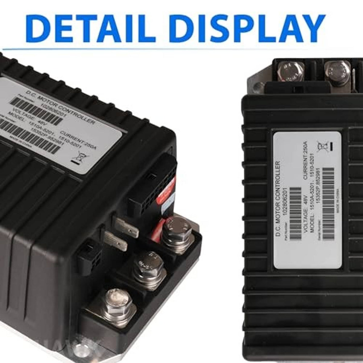 Motor controller terminal block and barcode labels, close-up detail