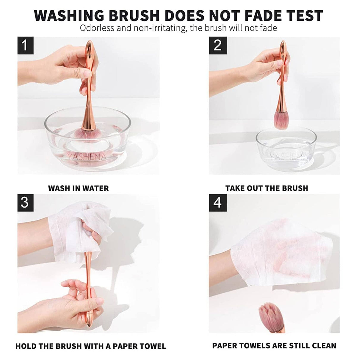 Nail dust brush washing steps with water bowl and paper towel