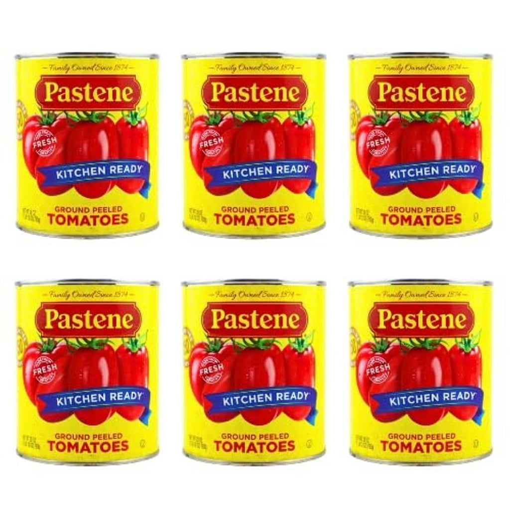 Pastene Kitchen Ready ground peeled tomatoes, 6-pack cans with red labels