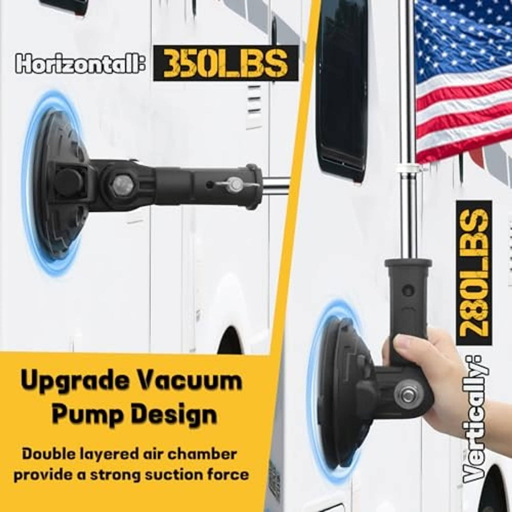 Black suction cup mount with metal flagpole tube, threaded knob, and vacuum pump