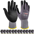 Work gloves with black dotted nitrile foam palms, gray knit back, and yellow cuff trim