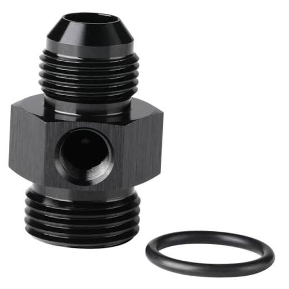 Black metal AN fitting adapter with O-ring, male threaded ends