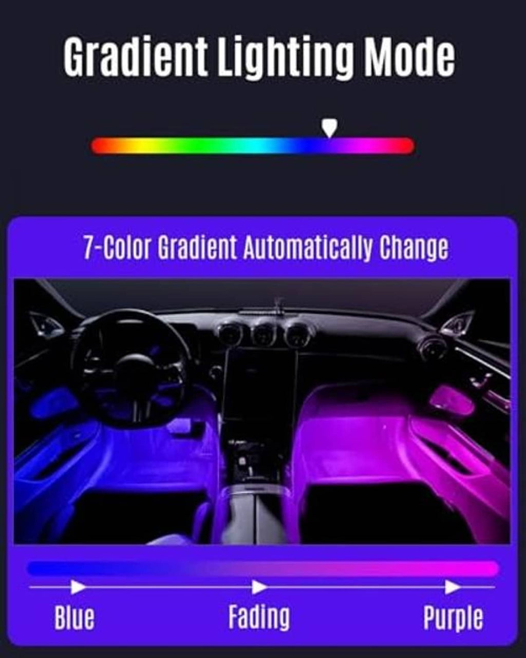 LED neon light bar with gradient lighting effect across blue and purple car interior