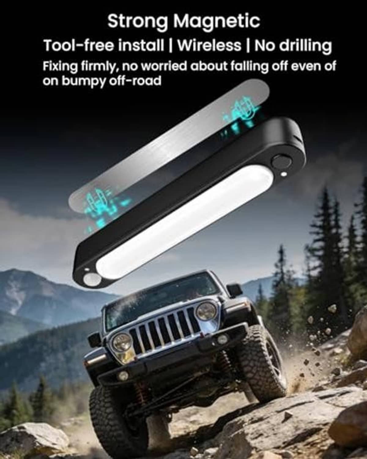 Magnetic wireless light bar with bright white LED strip and small green indicator light