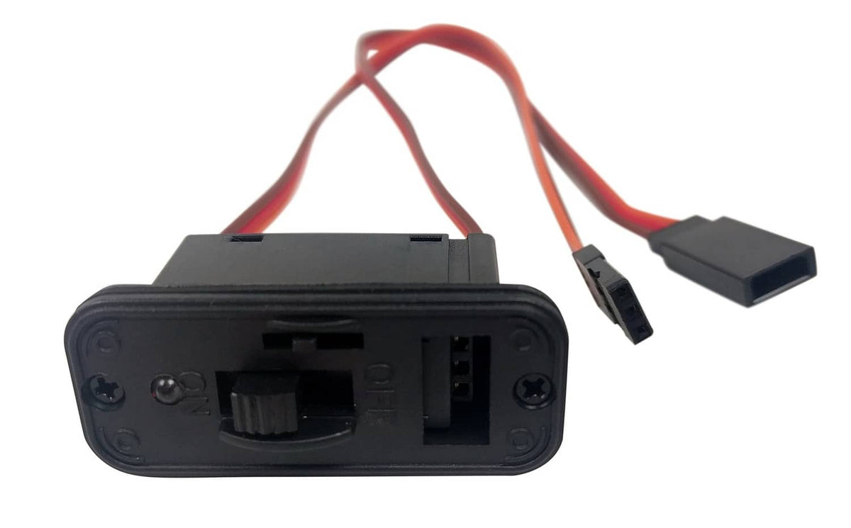 RC on/off switch module rear ports with connected red/orange and black wiring
