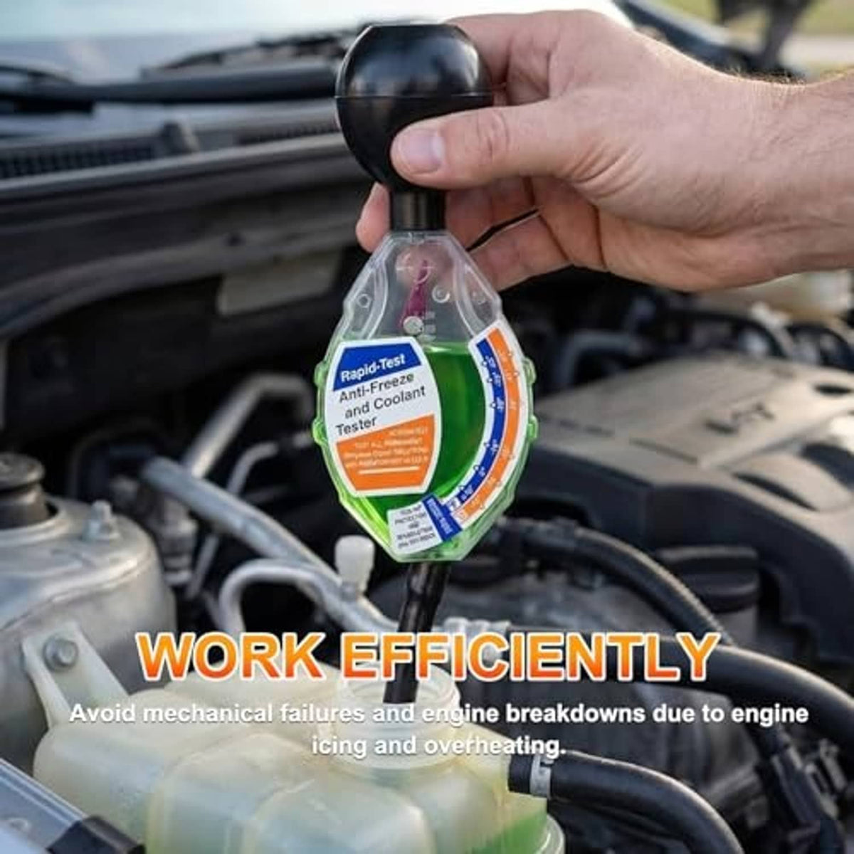 Antifreeze coolant tester held near engine bay, with black bulb and clear dial chamber
