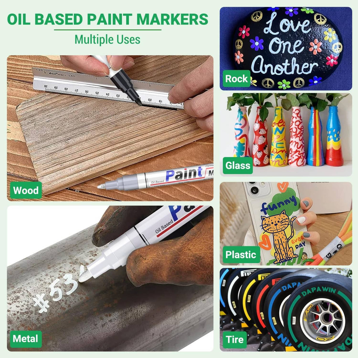 Oil-based paint markers shown marking wood, metal, glass, plastic, rock, and tires