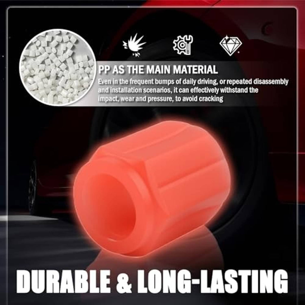 Single orange tire valve cap with black top on a wheel, shown with durable design callouts