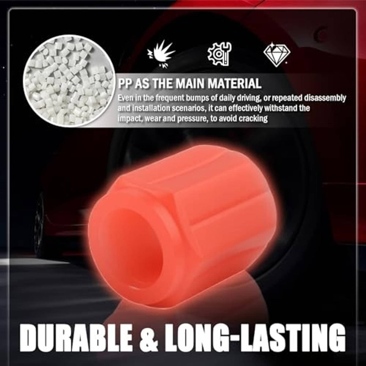Single orange tire valve cap with black top on a wheel, shown with durable design callouts