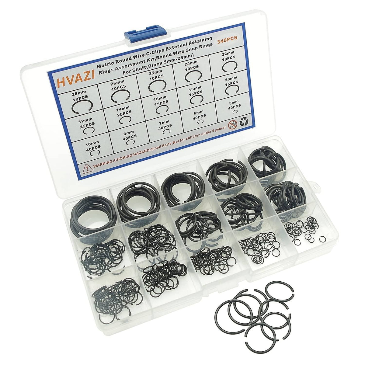 Clear organizer case with assorted metric round wire C-clips external retaining rings
