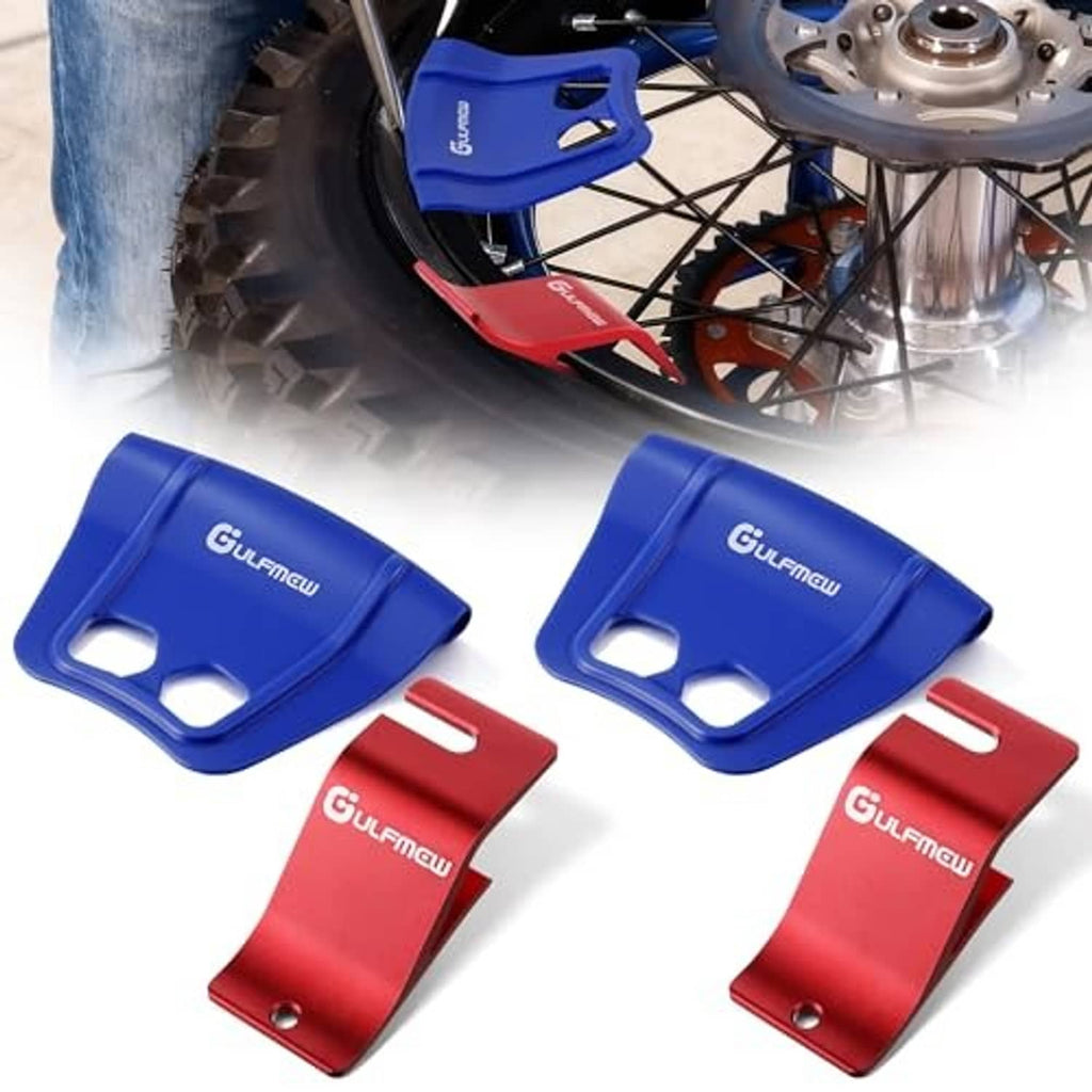 Blue rim shield protectors and red tire bead holder hooks for motorcycle tires
